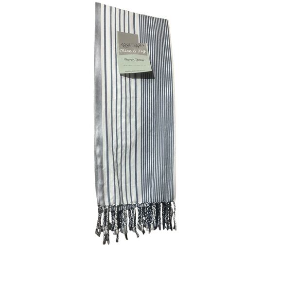 Olive & Fig Cotton Throw in Blue Striped with Fringe 50” x 60” - Picture 2 of 3